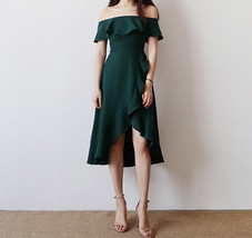 Women Dark Green Off Shoulder Midi Dress A-line Slit Plus Size Party Dress