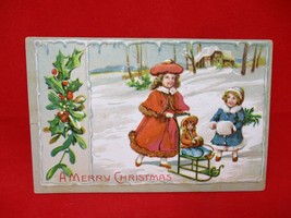 Vintage Christmas Postcard Two Girls Playing, Embossed Early 1900&#39;s - $3.95