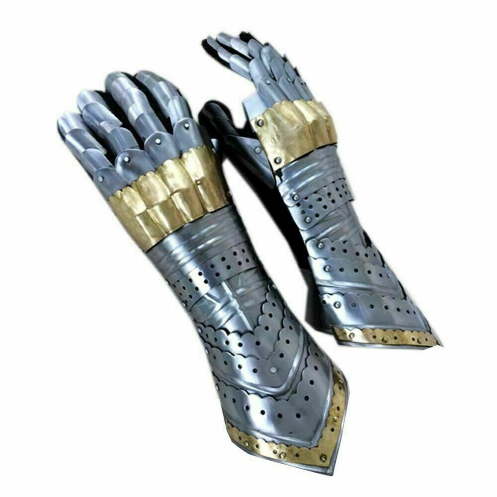 Gauntlet Gloves Armor Pair w/ Brass Accents Medieval Knight Crusader Steel Glove 