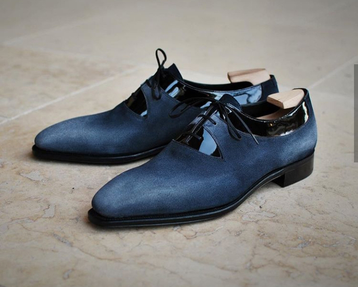 New Handmade Navy Blue Black Patent Leather Suede Shoes, Men's Lace Up Derby