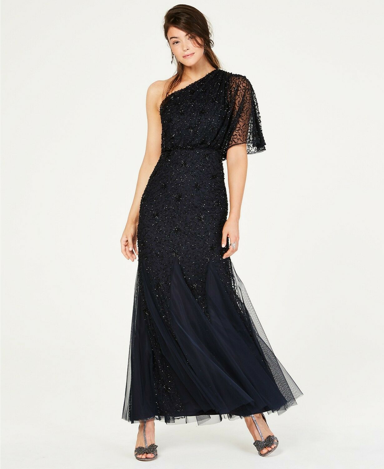 adrianna papell one shoulder beaded gown