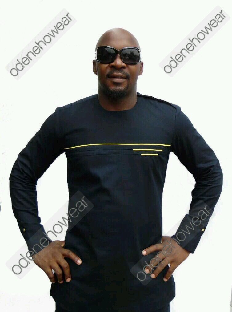 Odeneho Wear Men's Black Polished Cotton Top And Bottom African Clothing 