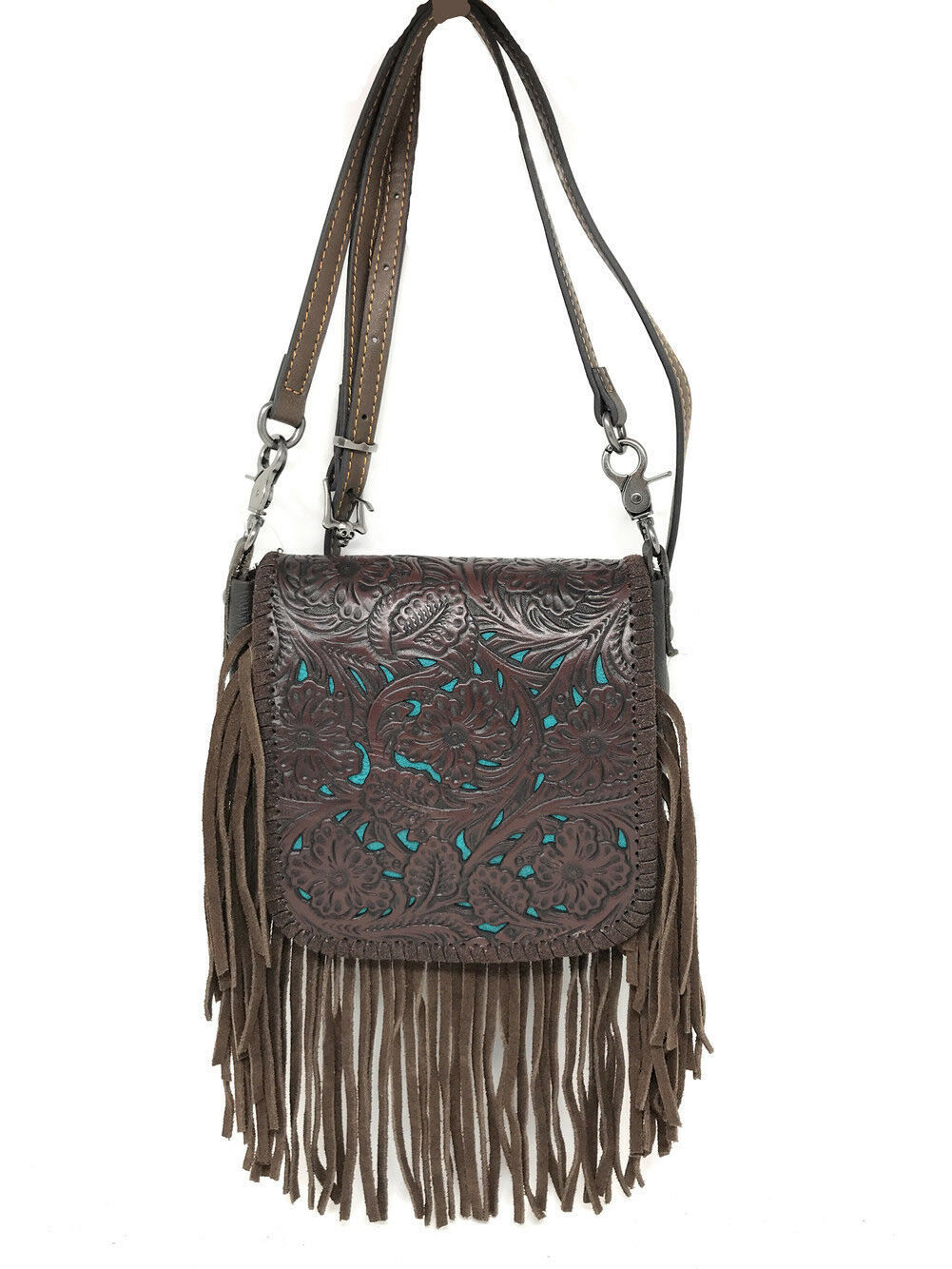 Montana West 100%Genuine Leather Tooled Fringe Crossbody Messenger bag 7 colors - Handbags & Purses