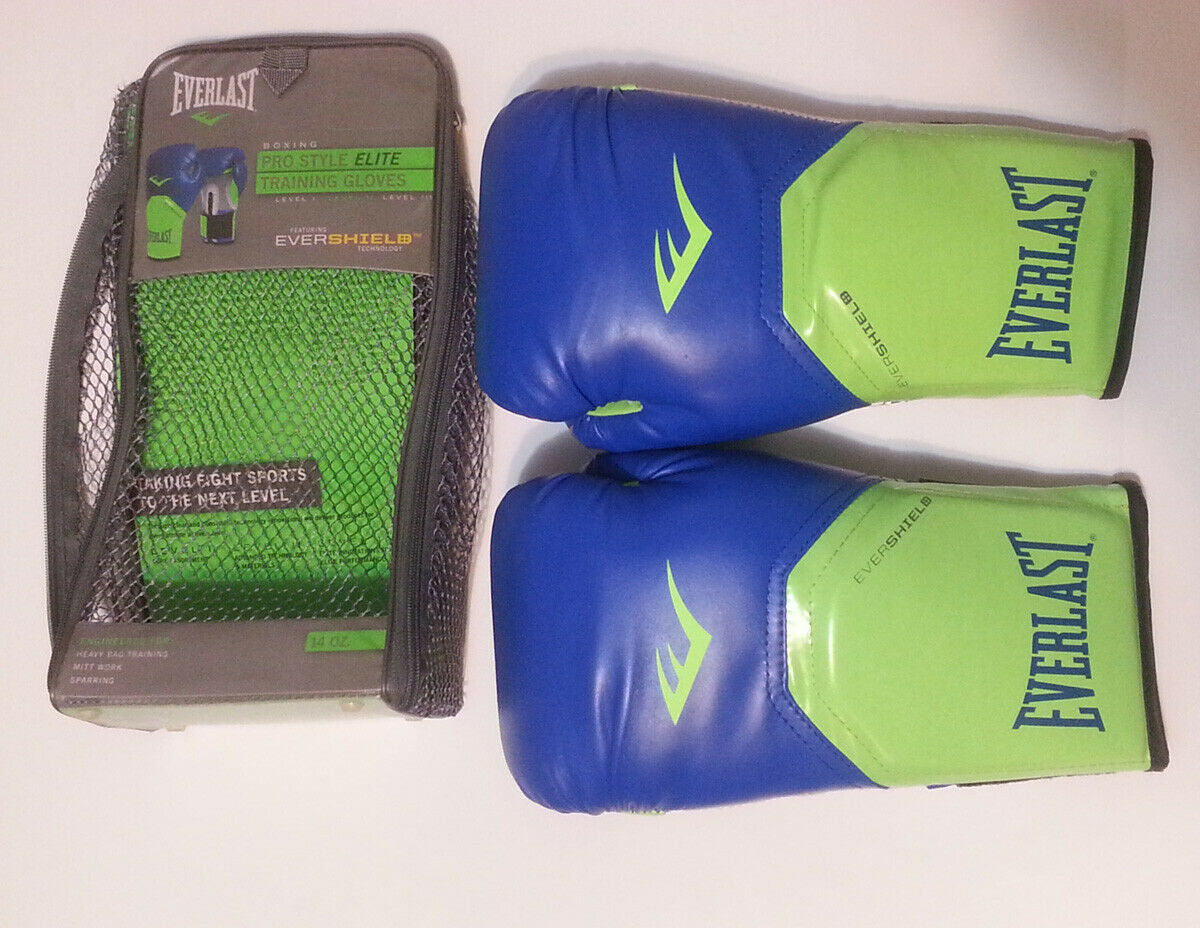 Everlast Elite Pro Style Boxing Gloves Blue Green 14 oz 