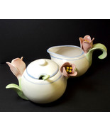 Avon 4 pce set creamer covered sugar with spoon ELEGANT BLOOMS blue bands - $22.33