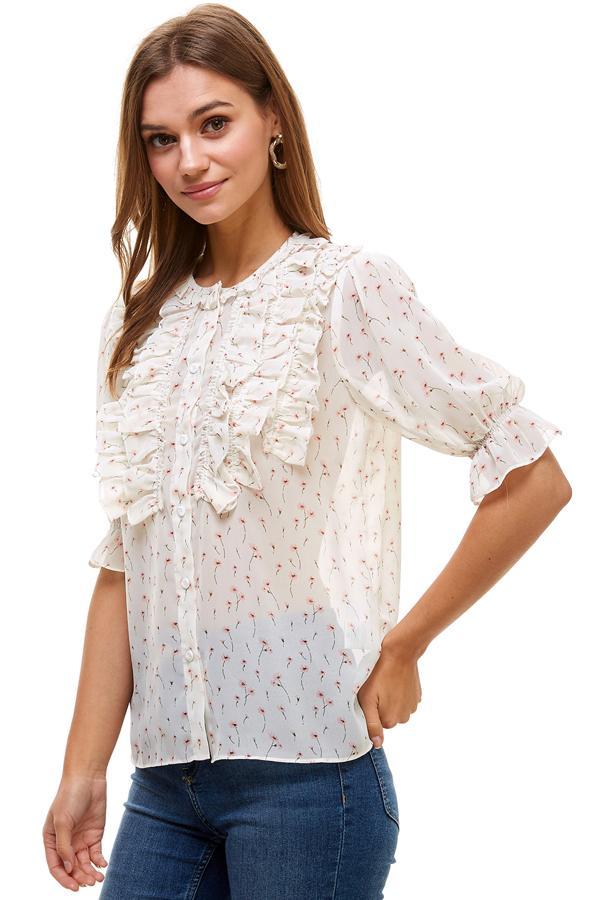 Ditsy Ruffle Detail Button Down Blouse - Tops