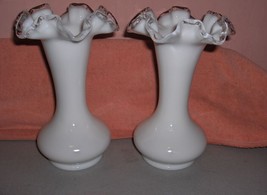 2 Vintage Fenton Silver Crest Ruffle Design Milk Glass Ruffle Vases NICE - $84.15