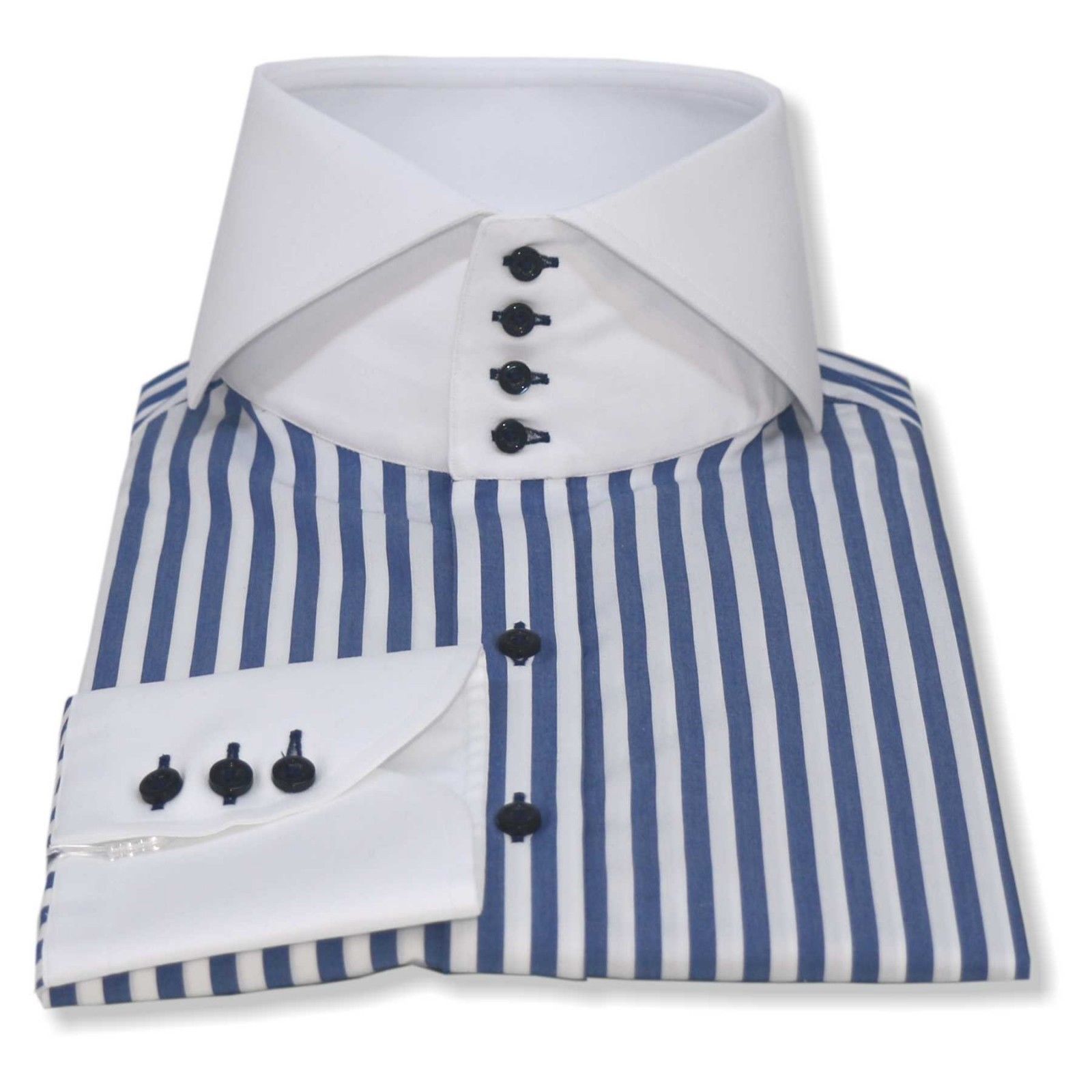 Mens High collar shirts Navy Blue stripes Bankers White Italian collar ...
