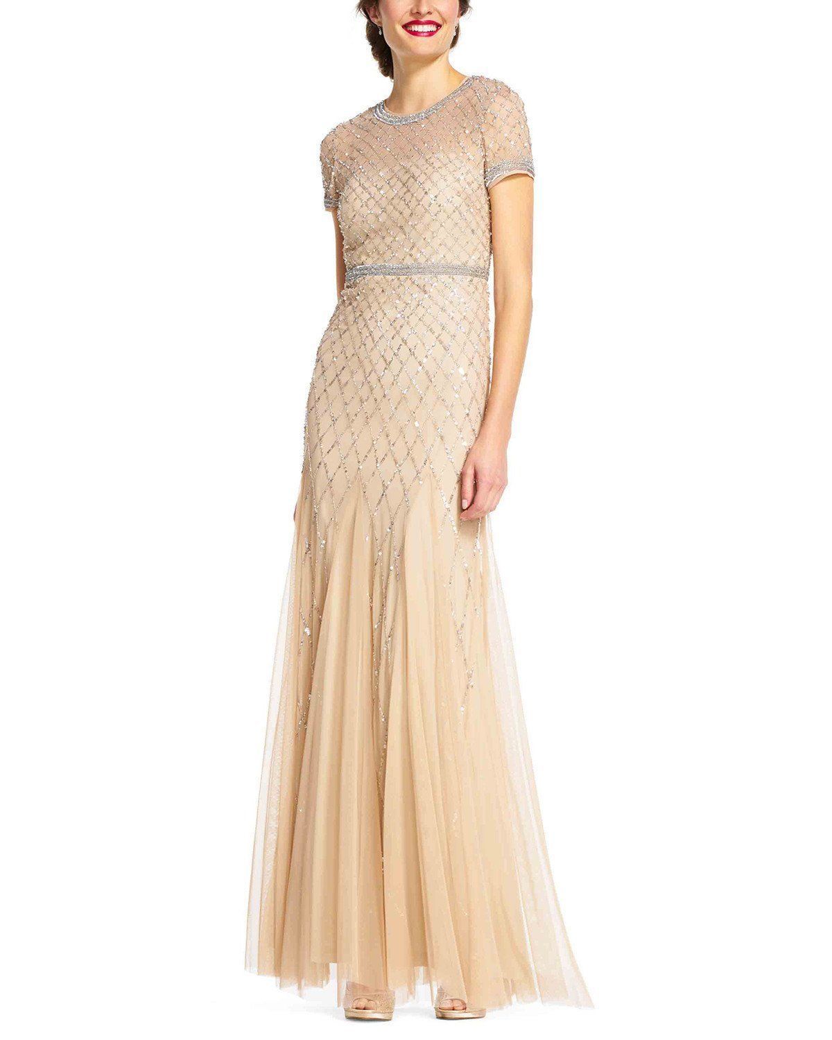 Adrianna Papell Champagne Cap Sleeve Beaded Gown Formal Dress 14 $320 - Dresses