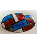 Vintage Signed Silver Red, Blue, White, Black Enamel Oval Brooch/Pendant - $55.00