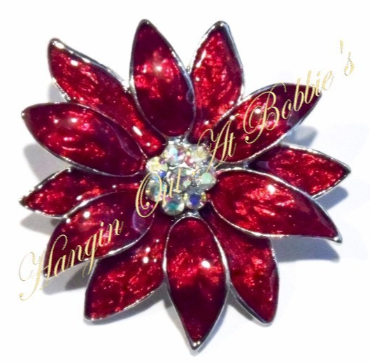 Primary image for Poinsettia Pin Brooch Red Enamel Aurora Borealis Crystal Silvertone Christmas 