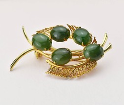 Green stone floral lapel brooch, accent leaf jacket pin gold tone, quirk... - $49.00