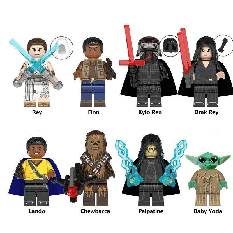 8Pcs Palpatine Drak Rey Finn Kylo Ren Chewbacca Lando Yoda Star Wars Minifigures