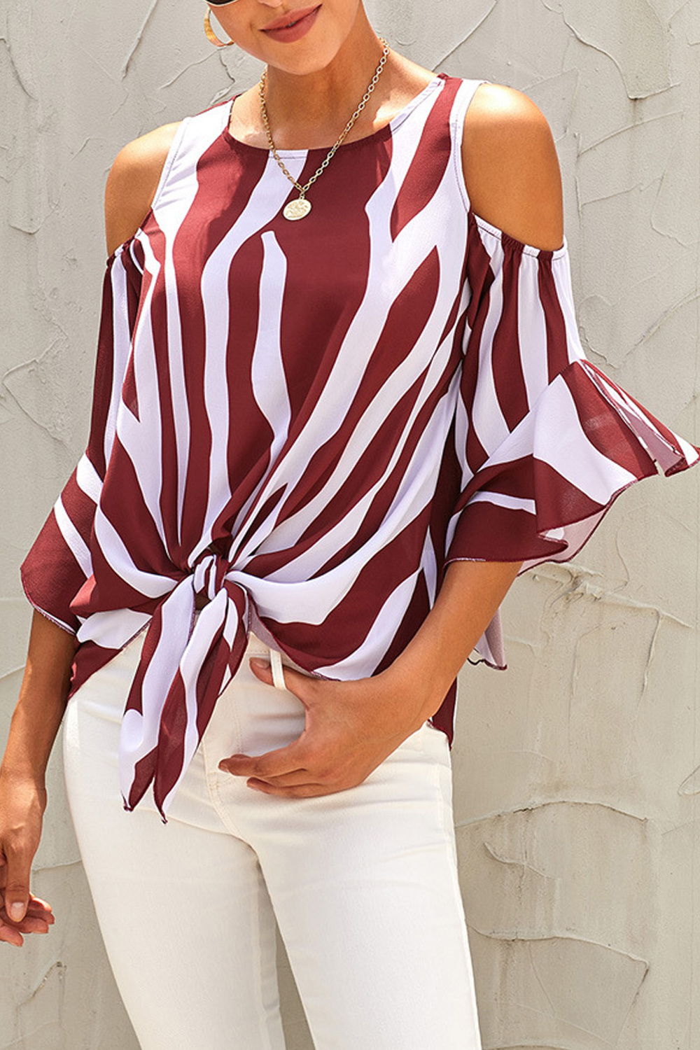 Women Cut Off Shoulder Vertical Stripe Top Tops