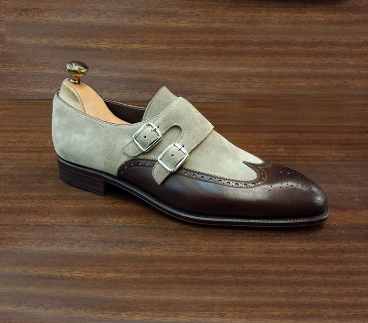New Men's Monk Shoes, Brown Gray Shoes, Handmade Dress Shoes, Men Leather Shoe 2