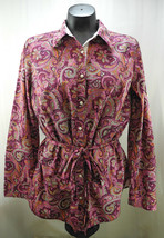Izod Purple Pink Paisley Button-Front Belted Long Sleeve Shirt - Women&#39;s L - $16.10