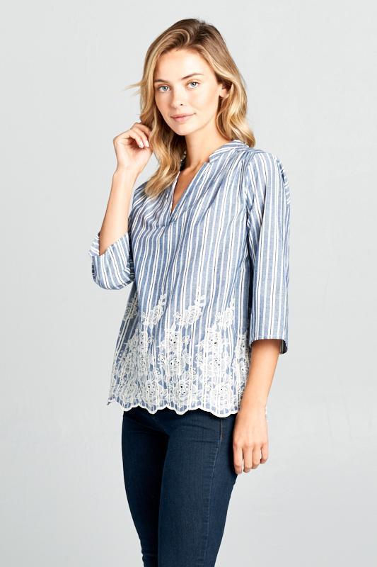 3/4 SLEEVE STRIPED EMBROIDERED TOP - Tops