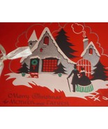 BARGAIN BIN Vintage 1930's Christmas Card, House, People, Snow On Red Background - $3.50