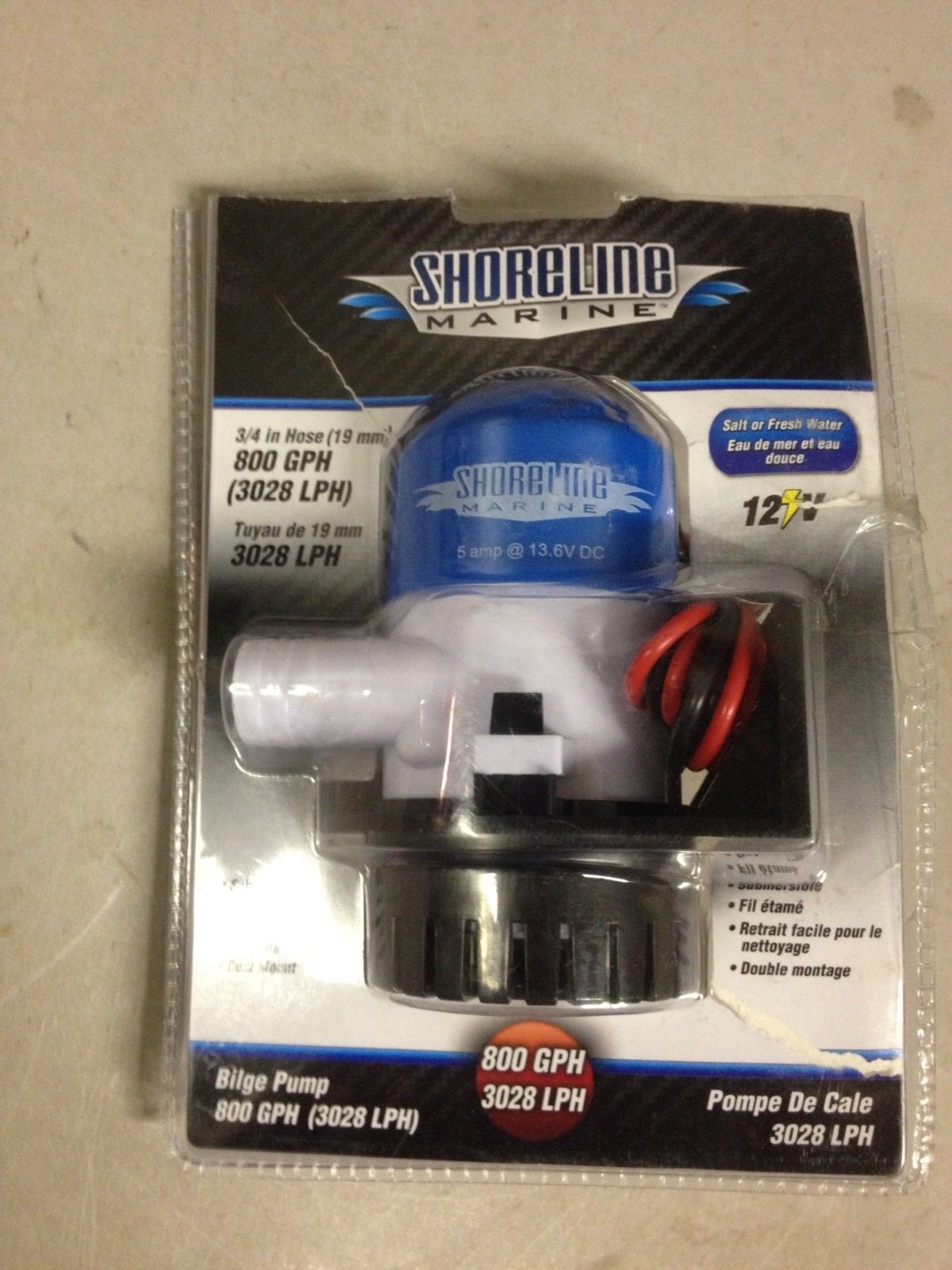 SHORELINE MARINE AUTOMATIC FLOAT SWITCH BILGE PUMP 800 GPH3028 L/Hr