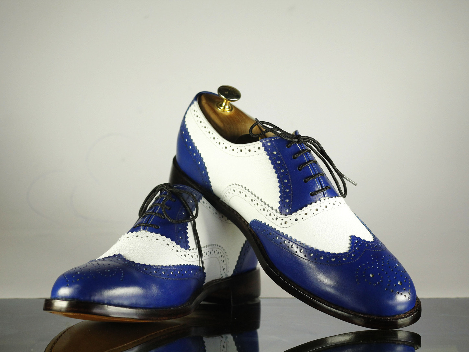 Handmade Men Blue White Leather Wing Tip Brogue Lace Up Shoes, Men