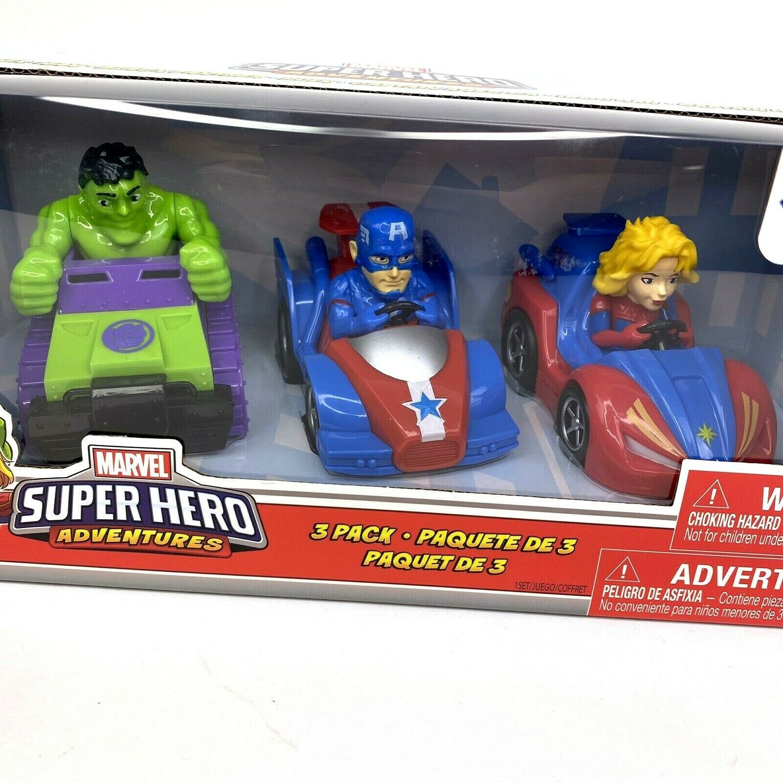 Marvel Super Hero Adventures 3 Pack Vehicle Set Race Cars Hulk Captain ...