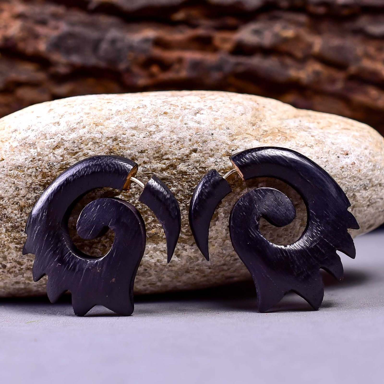 Incredible Wooden Carved African Tribal Big Fake Gauge Earrings 1.5" AB