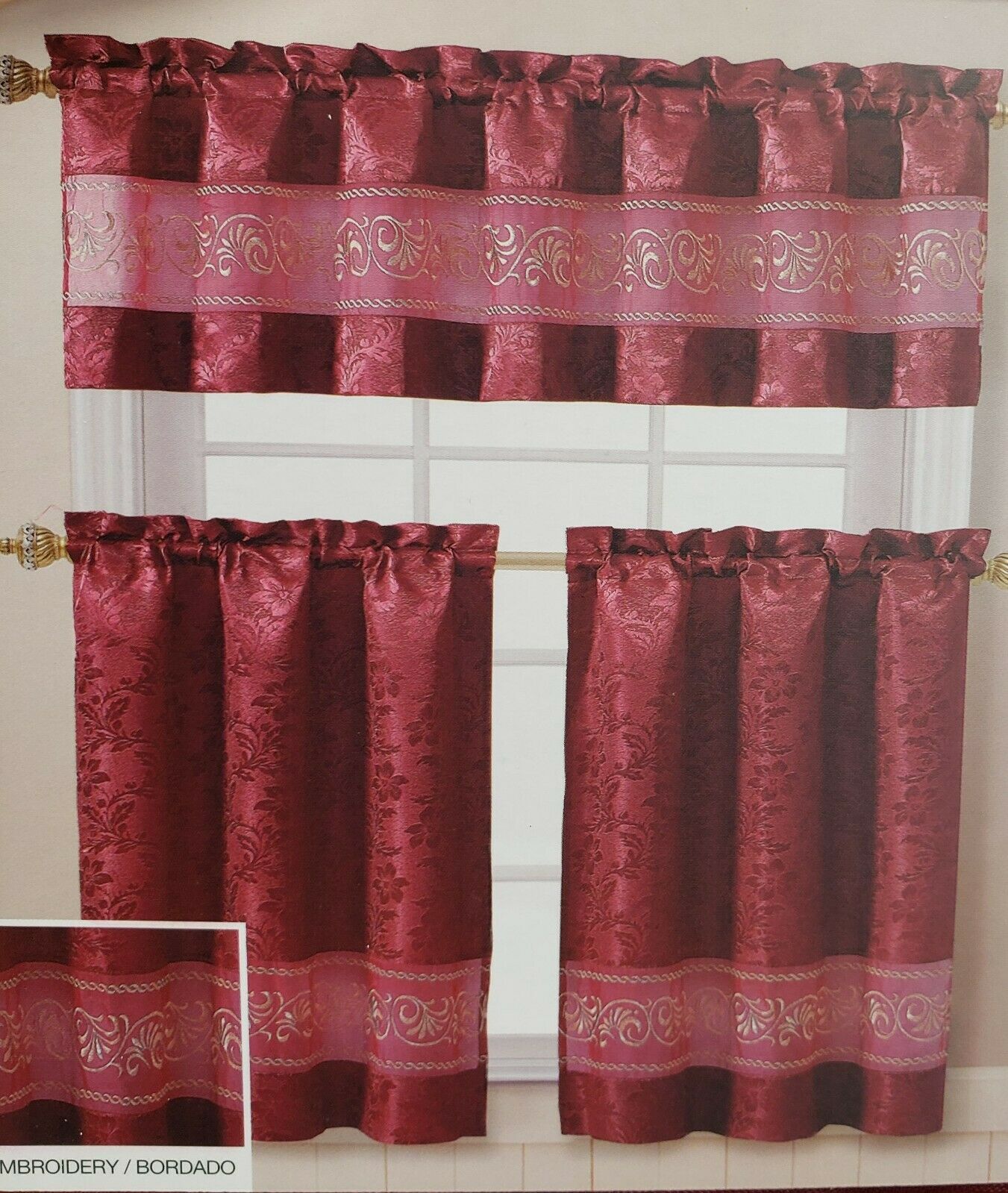 Primary image for 3pc. Embroidery Curtains Set:2 Tiers 28"x36" & Valance(57"x18") ARIEL FLOWERS,VC