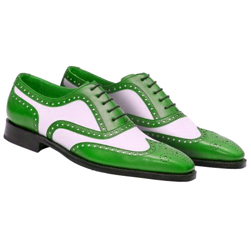 Two Tone White Green Contrast Oxford Brogue Toe Black Sole Leather Lace up Shoes