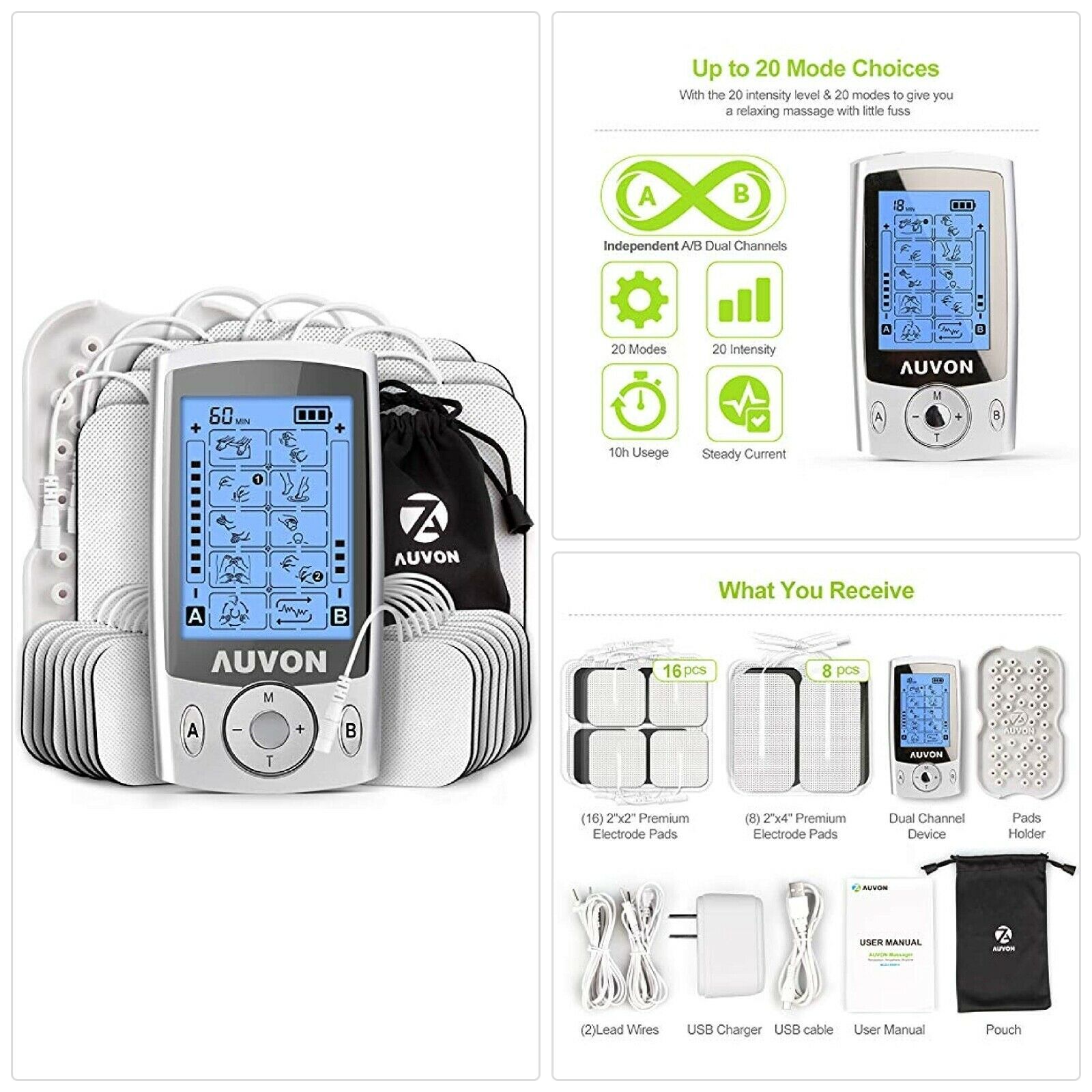 AUVON Dual Channel TENS Unit Muscle Stimulator (Family Pack), 20 Modes ...