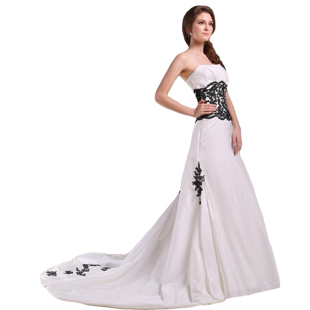 Kivary Strapless White and Black Lace Appliques Beaded Gothic Taffeta Wedding Dr