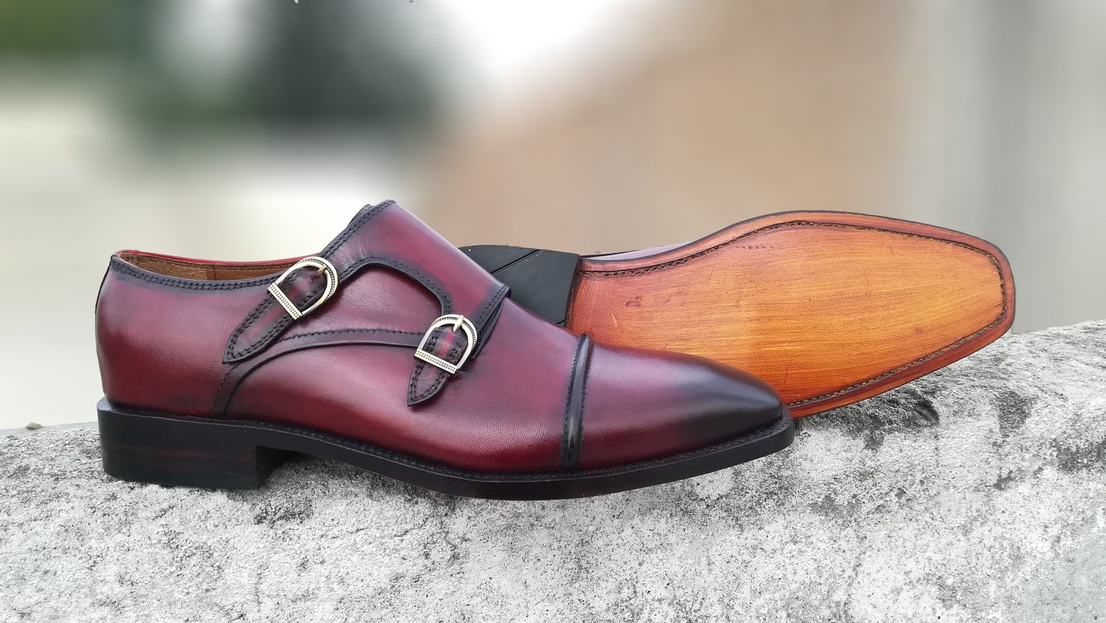 Men's Handmade Burgundy Leather Double Monk Strap Cap Toe Dress Fashion Shoes