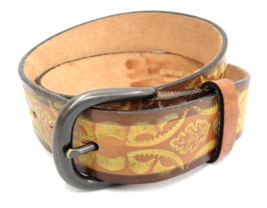 Womens Tooled Leather KL Belt Two-Tone Brown and Gold Size 32 Made in US... - $28.21