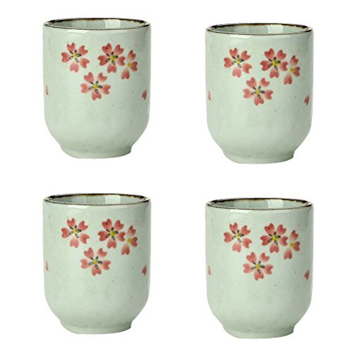 Panda Legends 4Pcs Japanese Style Pink Cherry Blossom Ceramic Teacups Small Stra