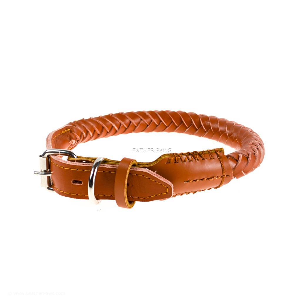 Braid Leather Dog Collar Light Brown Tan Braided Weaved Real Genuine Leather Dog Collars