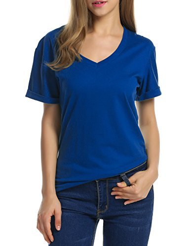 Meaneor Women Solid Comfy Loose Fit Roll Over Short Sleeve V Neck Lightweight To T Shirts Shirts 