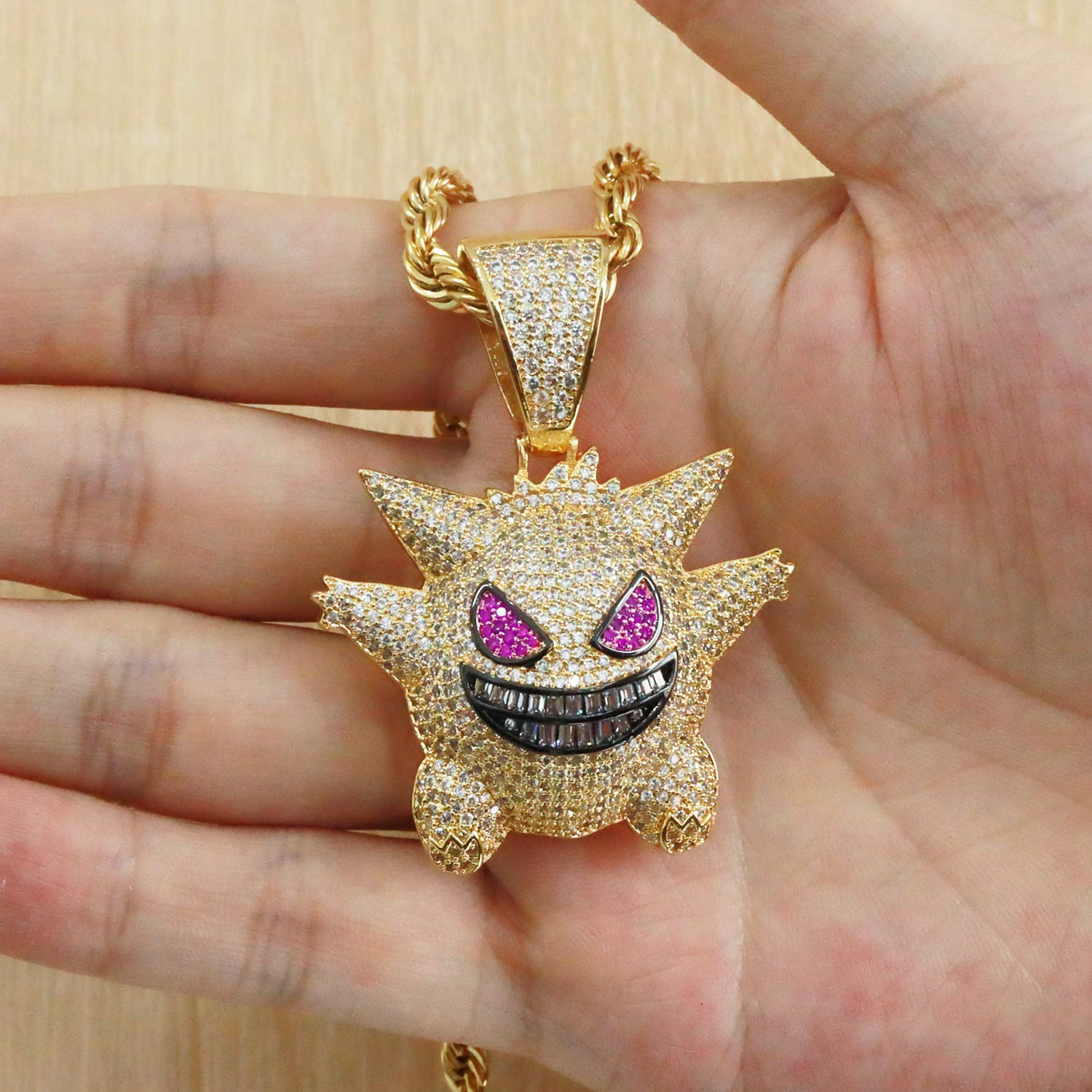 TSANLY Diamond Chain Gengar Chain Pokemon Necklace Gold Plated with