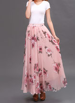 Women Pink FLORAL Chiffon Long Skirt A-line Flower Long Chiffon Skirt Summer  image 3