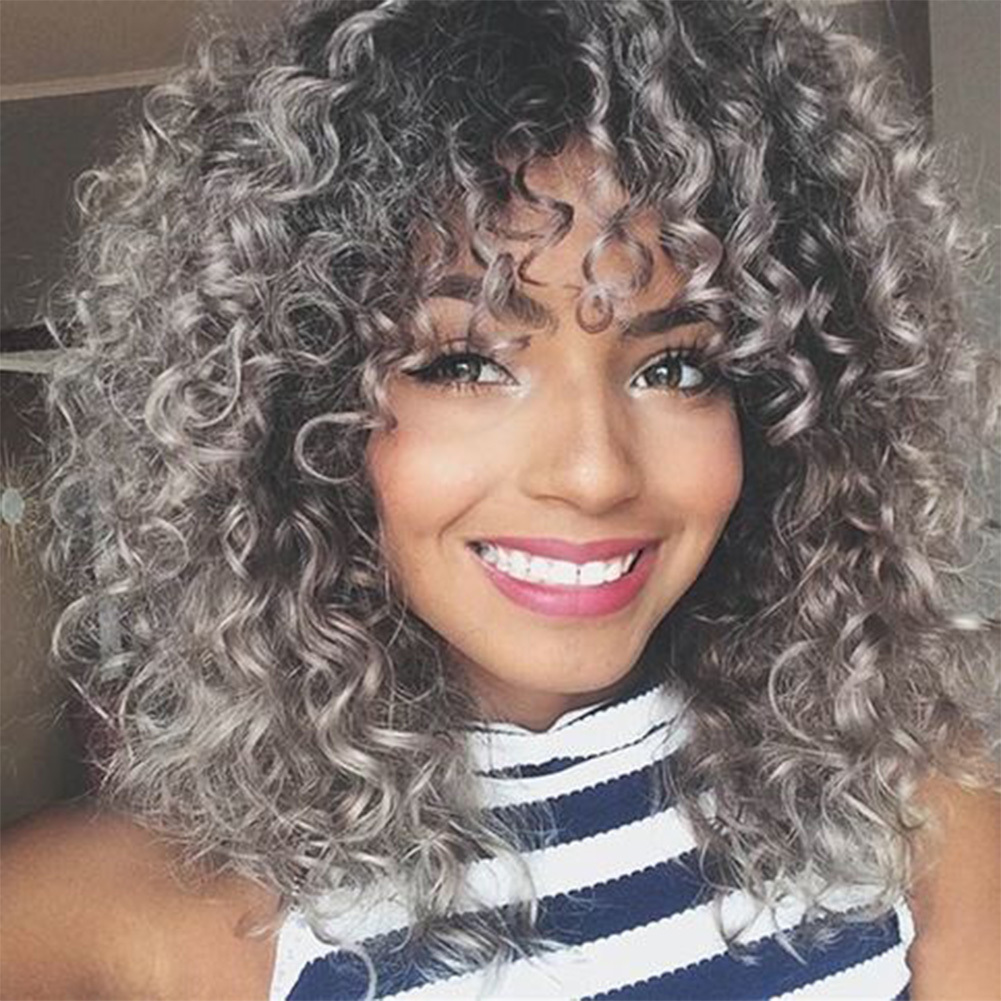 Doren Loose Deep Curly Synthetic Wigs for Women Fluffy Curls, Black and Grey