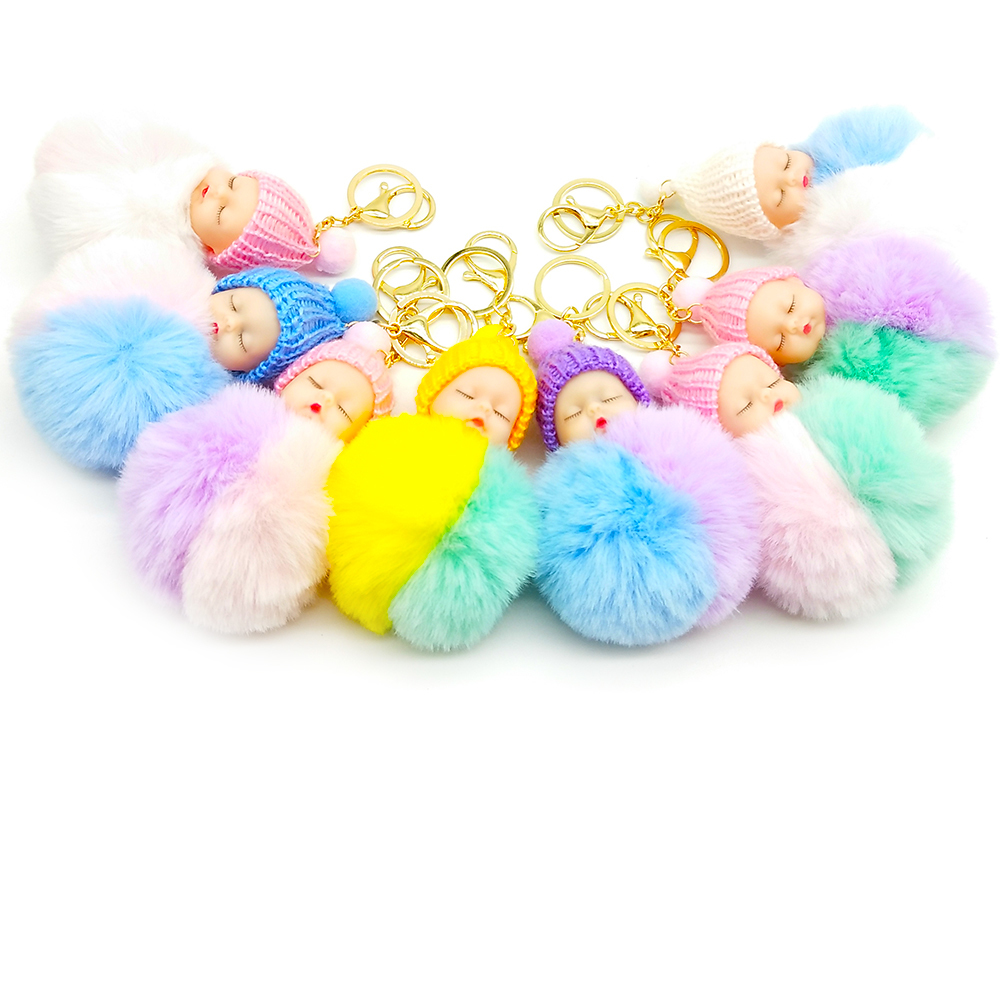 Multicolor Sleeping Baby Keychain Big Faux Leather 8CM Fur PomPom Doll