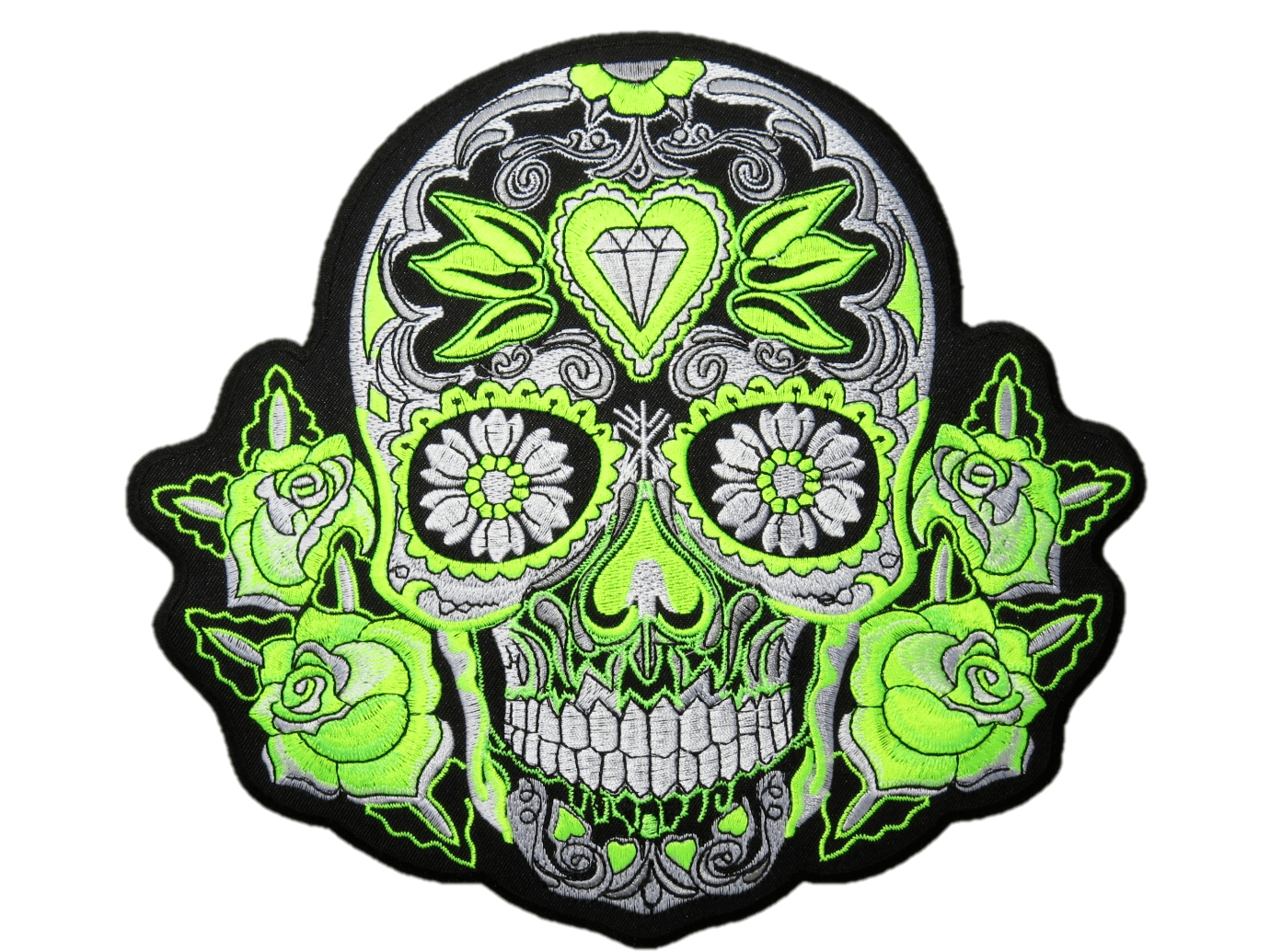 Green Floral Diamond Sugar Skull Giant Embroidered XL Back Patch 9.5"x8 ...