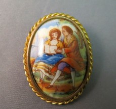 Cameo Style Brooch Courting Couple Made France Hand Painted Porcelain Colorful - $19.79