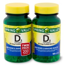 Spring Valley Vitamin D3 Softgels, 25mcg, 1,000 IU, 100 Count, 2 Pack - $28.47