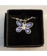Avon Birthstone Butterfly Pendant Necklace 15&quot; Silver Tone Chain Faux Sa... - $19.80