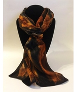 Hand Painted Silk Scarf Metallic Cognac Brown Black Fashion Rectangle Ne... - $56.00
