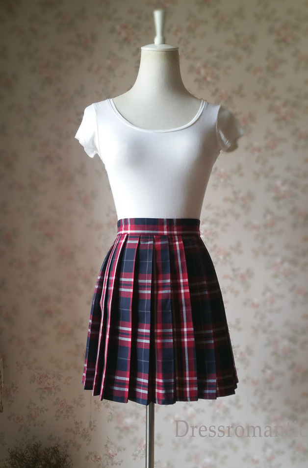 Red and Navy Plaid Skirt High Waisted Pleated Plaid Skirts Mini Plaid Skirt