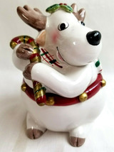 Fitz &amp; Floyd Plaid Christmas Covered Candy Jar Deer Reindeer Canister 5.... - $34.99