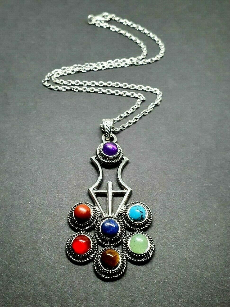 7 Chakra Flower Of Life Pendant Healing Real Gemstone Crystal 18" Chain Necklace 7 Chakra Flower Of Life Pendant Healing Real Gemstone Crystal 18" Chain Necklace