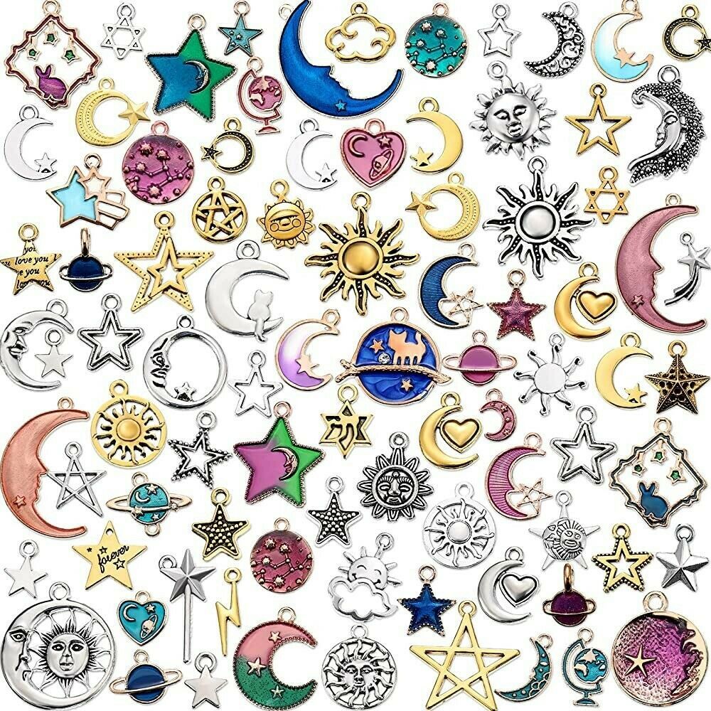 10 Assorted Sun Pendants Antiqued Silver Moon Celestial Mixed Charms Enamel