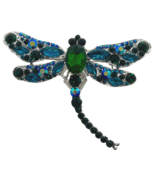 DRAGONFLY BROOCH Pin Blue AB Green Rhinestone Silver Tone Insect Costume... - $12.60