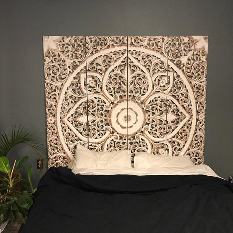 72" White Carved King Headboard Bohemian Mandala Teak Wood Carved Panel